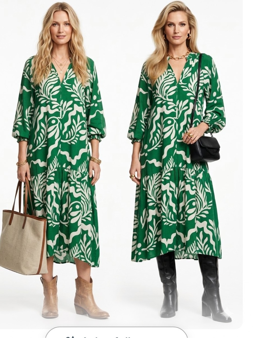 H&M Green Maxi Dress with White Botanical Print S through Medium